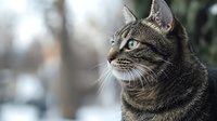 Attentive tabby cat with striking green eyes gazes intently at something outside the frame, showcasing detailed fur texture and alert expression against soft blurred background.
