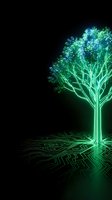 Glowing green digital tree with circuit board roots on black background representing technology growth and environmental innovation.