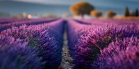 Vibrant purple lavender field rows stretching toward distant hills at sunset, creating a fragrant rural landscape perfect for travel and agriculture themes.