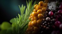 Fresh yellow sea buckthorn berries, red cranberries and black peppercorns with rosemary herb on dark background, macro food photography with selective focus.