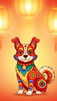 Colorful folk art dog with traditional ornamental patterns and decorative collar sitting against warm golden background for cultural designs.