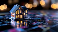 Glowing miniature house model on digital background with bokeh lights, representing real estate technology and smart home concept in evening atmosphere.