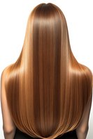 Long straight honey blonde hair from back view showing healthy, shiny texture and professional salon styling on white background, isolated for beauty and haircare advertising.