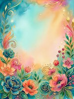 Watercolor floral frame with ornamental botanical elements, gold accents, and vibrant gradient background in turquoise, pink, and yellow tones. Isolated design for invitations and greeting cards.