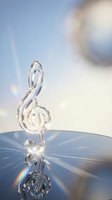 Crystal clear treble clef music note symbol on reflective surface with rainbow light prisms and bokeh background for creative design projects.