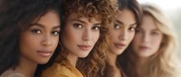 Diverse group of young women with different hair textures and skin tones looking confidently at camera, showcasing natural beauty and inclusivity in modern fashion and beauty industry.