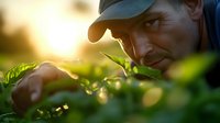 Mature Caucasian farmer examining fresh green tea leaves at sunset, inspecting crop quality with focused attention while wearing a baseball cap in golden light.