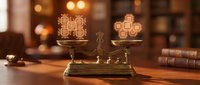 Vintage brass balance scale weighing healthcare cross against digital technology symbols on wooden desk with warm ambient lighting.
