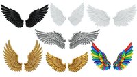 Collection of detailed angel wings in various styles including black, white, gray, golden and rainbow colored feathered wings isolated on transparent background for design projects.