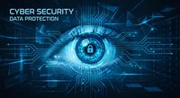 Digital eye with circuit patterns and padlock symbol representing cybersecurity data protection technology in futuristic blue interface design.