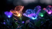 Glowing fantasy flowers with luminescent petals in orange, blue and purple colors against dark background create magical garden atmosphere.