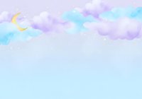 Dreamy pastel sky with fluffy clouds in purple, blue and white tones featuring golden crescent moon for fantasy and celestial themed designs.