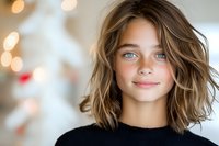 Young woman with wavy brown shoulder-length hair and bright eyes wearing black sweater smiles warmly against soft bokeh background, natural beauty portrait.