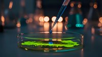 Laboratory pipette dropping green liquid into petri dish with bokeh lights background for scientific research and biotechnology experiments.
