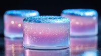 Magical glowing cocktail with sparkly blue sugar rim and pink gradient effect in glass. Ethereal drink photography with bokeh lights and reflective surface.