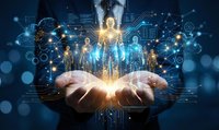 Business professional cupped hands presenting glowing digital network of connected people icons with data visualization elements on dark blue background.