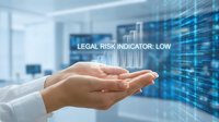 Professional hands presenting legal risk indicator with low status in modern office environment for business compliance and regulatory management solutions.