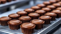 Rows of freshly baked chocolate cupcakes with smooth ganache topping on cooling rack, professional bakery production line showing uniform confections.