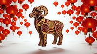 Ornate bronze ram figurine with intricate gold detailing surrounded by red hanging lanterns on white background, suitable for lunar new year celebrations and festive design projects.