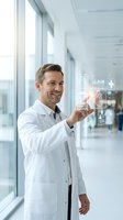 Smiling male doctor in white coat interacting with futuristic holographic medical interface displaying health data charts and icons in modern hospital corridor.