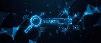 Glowing blue polygonal search bar with magnifying glass on dark background, digital network concept for technology and SEO design.