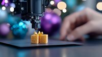 Small golden gift box under robotic arm on dark surface with blurred colorful bokeh lights and Christmas ornaments in background, modern technology concept.
