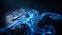 Futuristic circuit board with glowing blue energy pathways and electronic components in dark technological environment for digital innovation concepts.