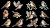 Sparrow, finch, and jay birds isolated on transparent background. Ready for t-shirt design, clipart, stickers, sublimation, and print-on-demand projects.