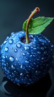Fresh blue plum with water drops and green leaf on dark background, macro photography showing detailed texture and natural moisture on fruit surface.