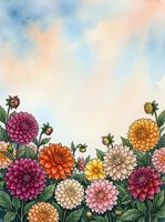 Watercolor dahlia flowers border frame with soft blue sky background, botanical floral arrangement for greeting cards, wedding invitations and stationery.
