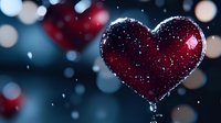 Glowing red heart decoration with sparkles and bokeh lights creates romantic atmosphere. Blurred background with soft focus adds dreamy Valentine's Day mood.
