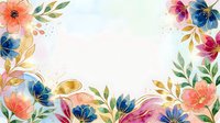 Watercolor floral border with coral, pink, and blue blooms, gold accents, and green foliage on isolated white background. Perfect for invitations, cards, and design projects.