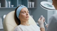 Professional cosmetologist performing facial treatment on relaxed female client in modern spa clinic with magnifying lamp and medical equipment.