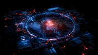 Futuristic digital technology concept with glowing blue and red circular interface on dark background, abstract cyber security visualization pattern.