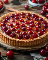 Fresh cherry tart with golden caramel glaze on flaky pastry crust, garnished with whole cherries and served on rustic wooden surface. Food photography.