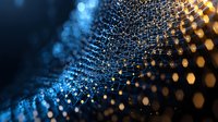 Abstract network of glowing dots and connecting lines creating futuristic mesh pattern against dark background with blue and gold bokeh lights for technology concepts.