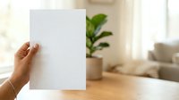 Woman holding blank white paper sheet in modern home interior with potted plant and natural window light for mockup and branding.