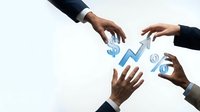 Business team hands reaching for financial growth arrow with dollar symbols representing teamwork in achieving monetary success and profit goals.