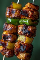 Grilled chicken kebabs with colorful bell peppers on wooden skewers, glazed with sweet and savory marinade showing char marks and caramelization in macro view.