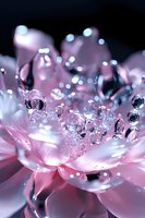 Pink lotus flower with crystal clear water drops creating magical bokeh effect against dark background, soft focus macro photography highlighting delicate petals and pure reflections.