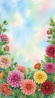 Watercolor dahlia flowers frame with pastel rainbow background for spring garden designs, wedding invitations, greeting cards and floral decorations.