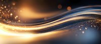Glowing golden wave with sparkling particles flowing on dark background, creating dynamic light trails and bokeh effect for luxury design projects.