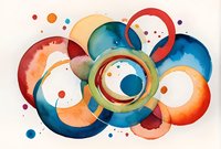 Abstract watercolor circles in vibrant blue, orange and red tones create dynamic overlapping composition with fluid organic shapes and splatter details on white paper.