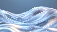 Flowing abstract wave formation with luminous particles and smooth curves against blue-gray background, creating ethereal light effect.
