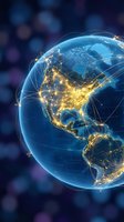 Digital Earth globe with glowing network connections showing North America continent with bright city lights and data pathways for technology concepts.