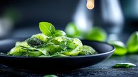 Fresh zucchini noodles with basil leaves and parmesan cheese on black ceramic plate, dark moody background with selective focus and copy space.