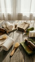 Natural spa wellness products arranged on rustic wooden floor with soft window light creating peaceful bathroom atmosphere for relaxation and self-care routine.