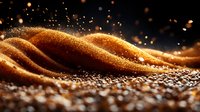 Abstract golden glitter waves with sparkling particles flowing on dark background, creating luxurious dynamic motion effect for festive designs.