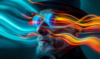Bearded senior man wearing VR headset with dynamic light trails in neon blue and orange colors creating futuristic motion effect against dark background.