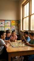 Diverse group of elementary school children playing educational board game together in bright classroom with alphabet posters and natural window lighting.